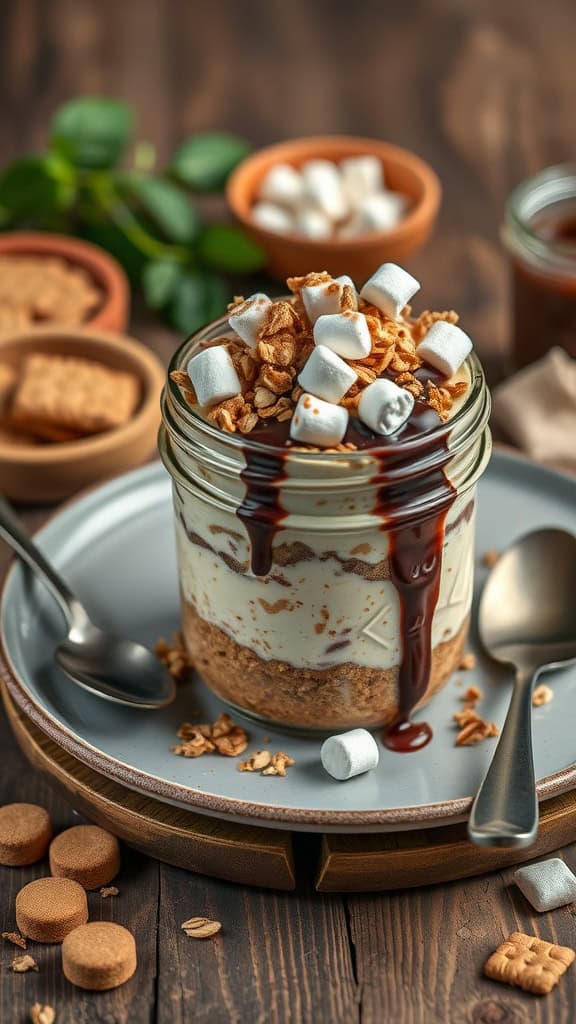Delicious S'mores Overnight Oats Cheesecake with layers of oats, graham crackers, and cream cheese.