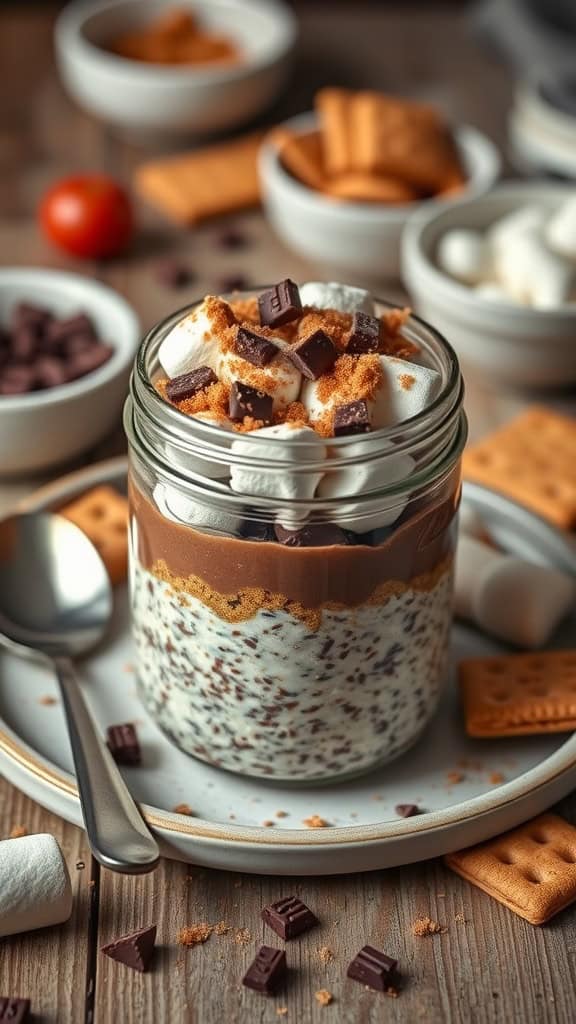 A delicious jar of S'mores Overnight Oats topped with chocolate, marshmallows, and graham crackers.