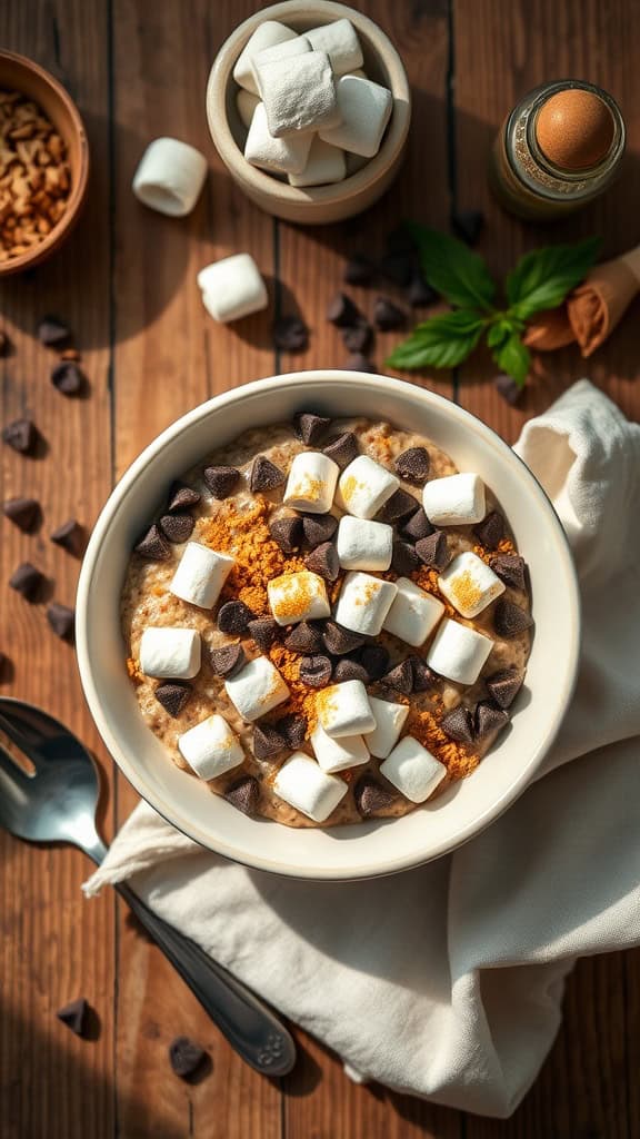 Bowl of S'mores overnight oats topped with marshmallows, chocolate chips, and graham cracker crumbs.