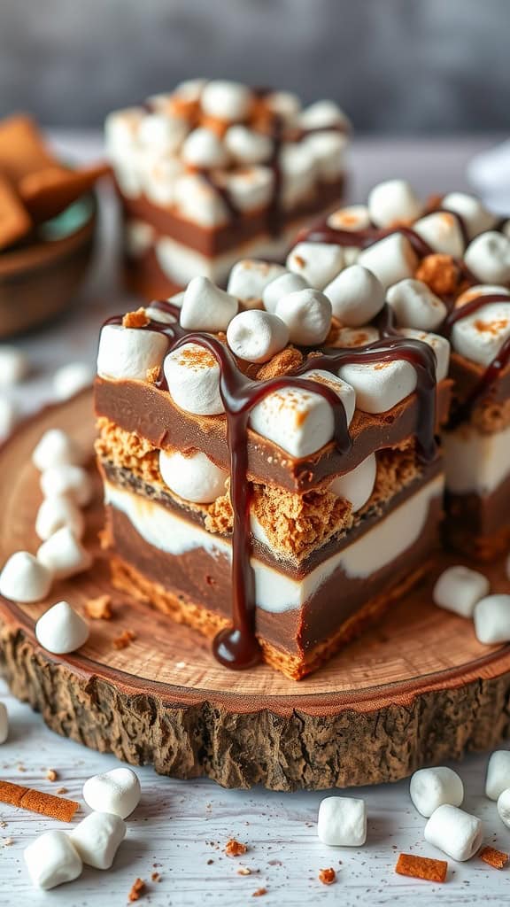 Delicious s'mores parfait bars with layers of chocolate mousse, marshmallow fluff, and graham cracker.
