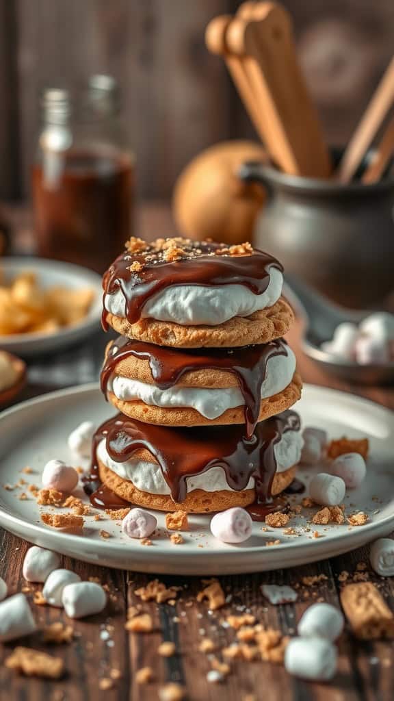 A stack of S'mores Parfait Cookies with graham cracker, marshmallow fluff, and chocolate sauce, surrounded by mini marshmallows and cookie crumbs.