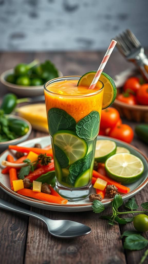 A vibrant green smoothie in a glass with spinach and lime, surrounded by fresh vegetables.