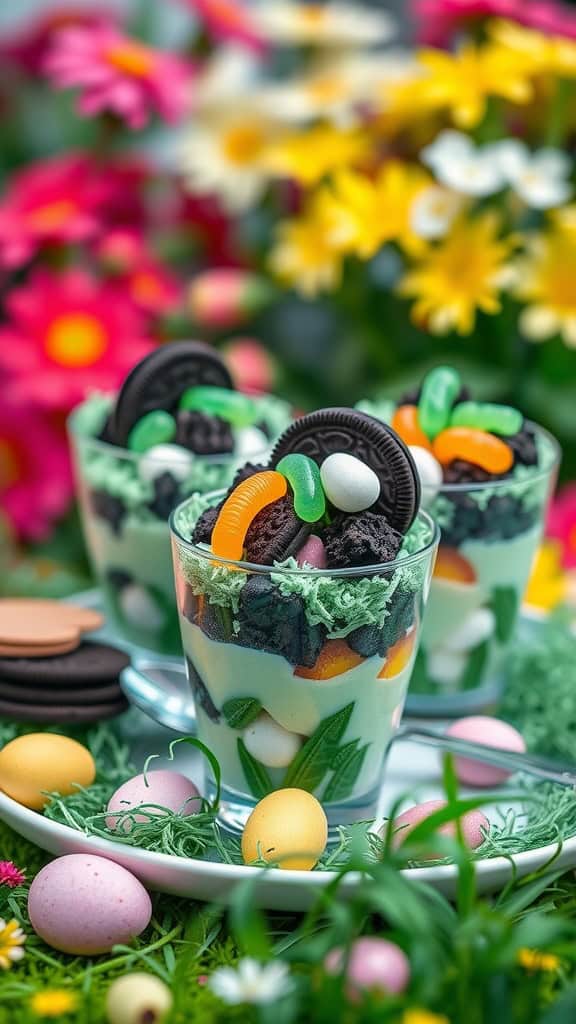 Spring Garden Easter Parfaits with colorful layers and festive toppings