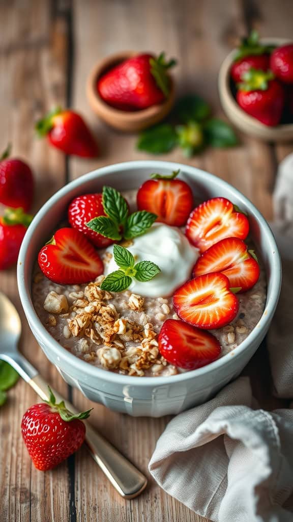 A bowl of strawberries and cream overnight oats blended, topped with fresh strawberries and mint.
