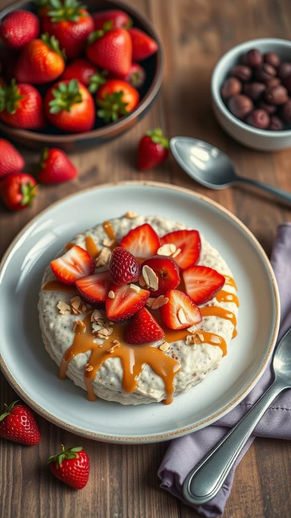 Delicious Strawberry Cheesecake Overnight Oats with almond butter and cream cheese.