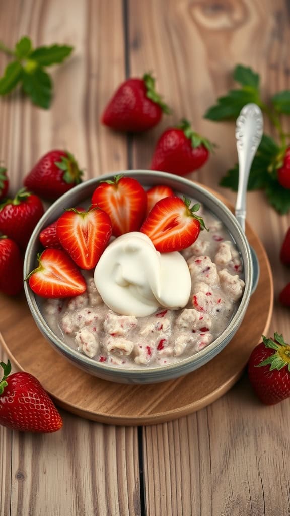 A bowl of strawberry cheesecake overnight oats topped with fresh strawberries and cream.