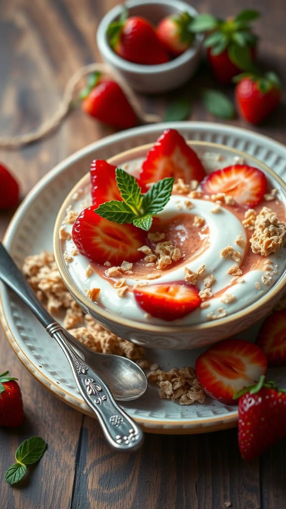 A delicious bowl of strawberry cheesecake overnight oats with fresh strawberries and granola