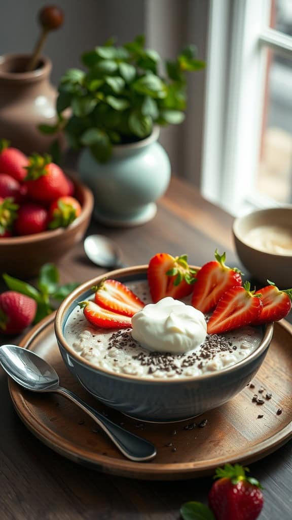 A bowl of strawberry cheesecake overnight oats garnished with strawberries and cream