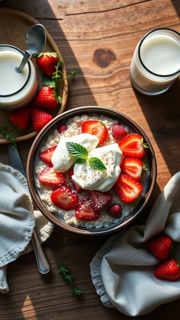 Bowl of strawberry cheesecake overnight oats topped with fresh strawberries and yogurt.