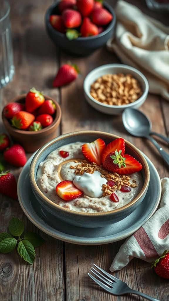 Bowl of strawberry cheesecake overnight oats topped with fresh strawberries and granola