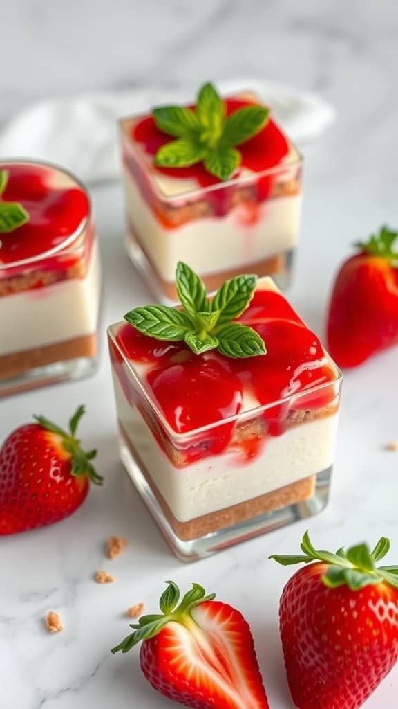 Delicious Strawberry Cheesecake Parfait Bars served in a glass dish with fresh strawberries