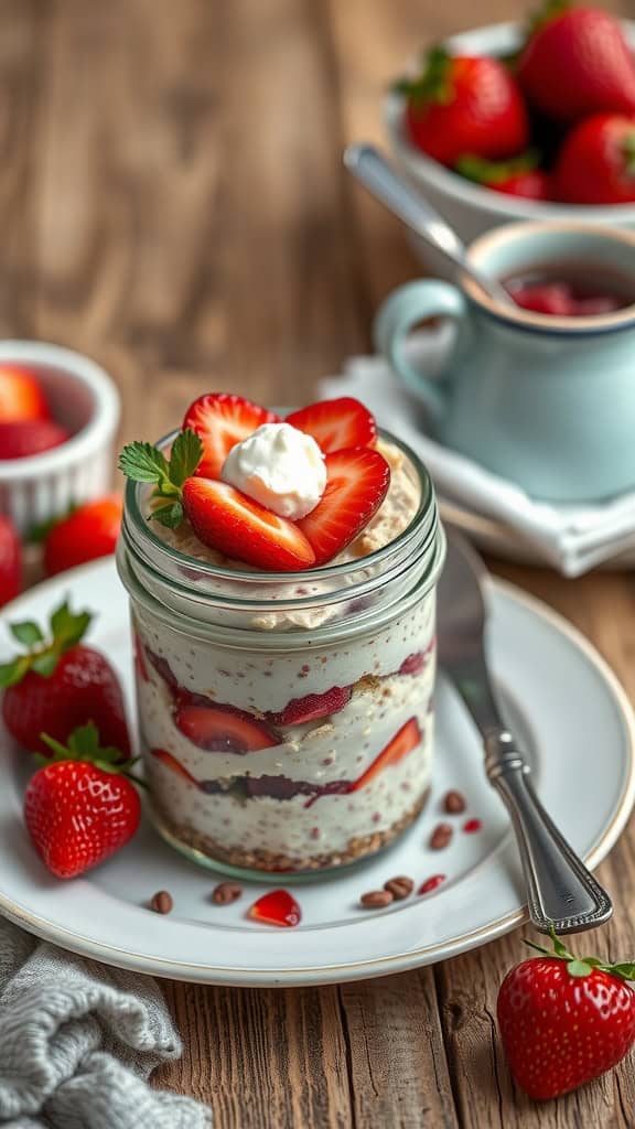 A delicious looking jar of strawberry shortcake overnight oats cheesecake, garnished with fresh strawberries and cream.
