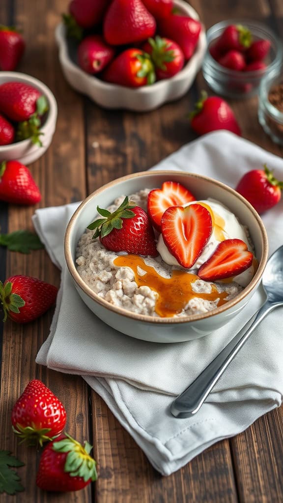Delicious strawberry shortcake overnight oats with fresh strawberries on top, served in a bowl.