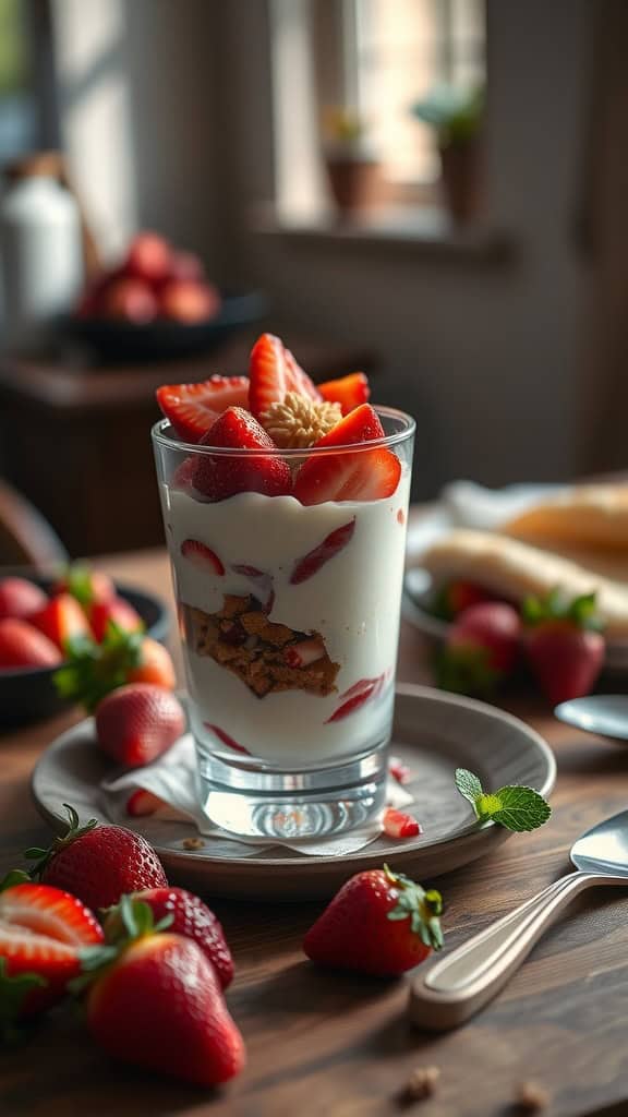 A delicious strawberry shortcake parfait made with yogurt, crushed cookies, and fresh strawberries served in a glass.