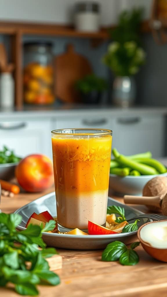 A vibrant smoothie made with carrot, peach, turmeric, ginger, and coconut water.