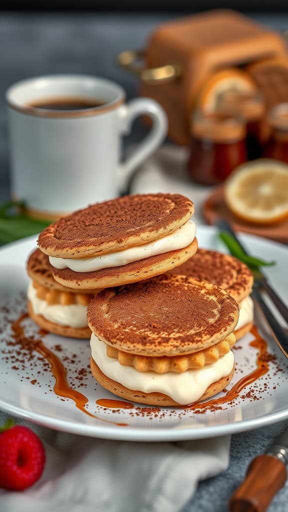 Tiramisu parfait cookies with mascarpone cream and cocoa powder served on a plate.