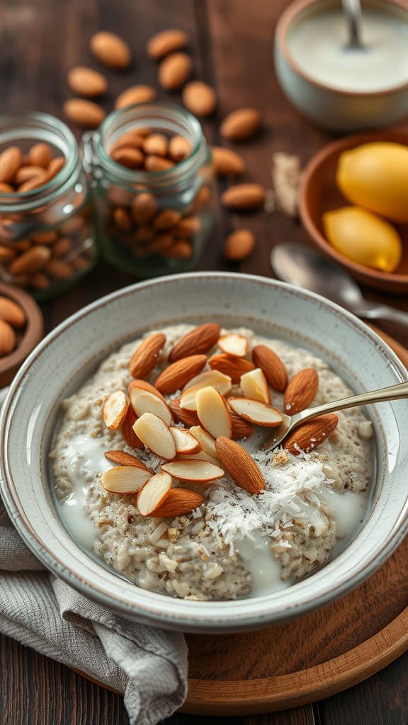 A bowl of toasted almond overnight oats topped with sliced almonds and coconut.