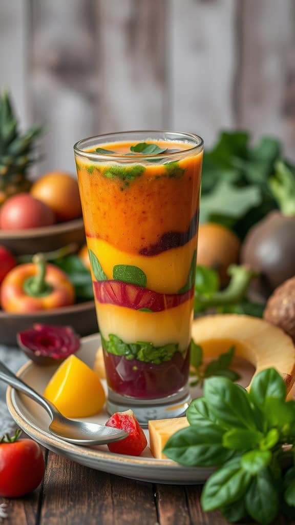 Colorful tropical vegetable smoothie with layers of carrot, spinach, beet, pineapple, and coconut water.