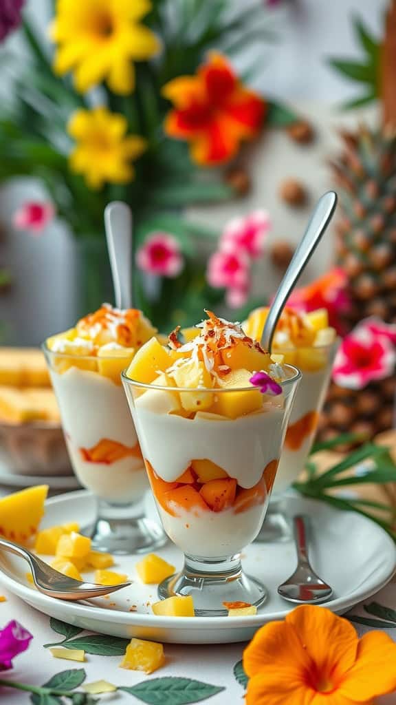 Tropical Baby Shower Parfaits with coconut yogurt, diced pineapple, and toasted coconut flakes.