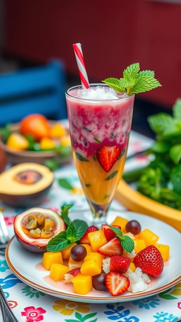 Tropical Berry Splash 4 Fruit Smoothie with passion fruit, mango, strawberry, and coconut water.