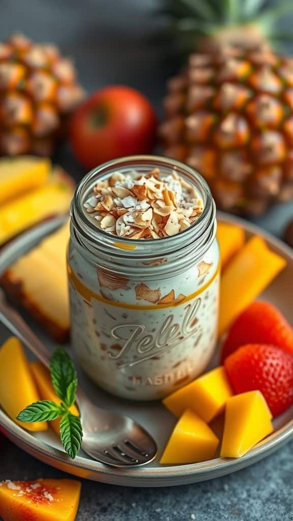 Tropical Coconut Overnight Oats almond butter mix served in a jar with fresh fruits.