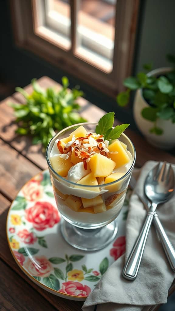 A delicious Tropical Delight Parfait with pineapple, coconut yogurt, and toasted coconut flakes served in a glass.