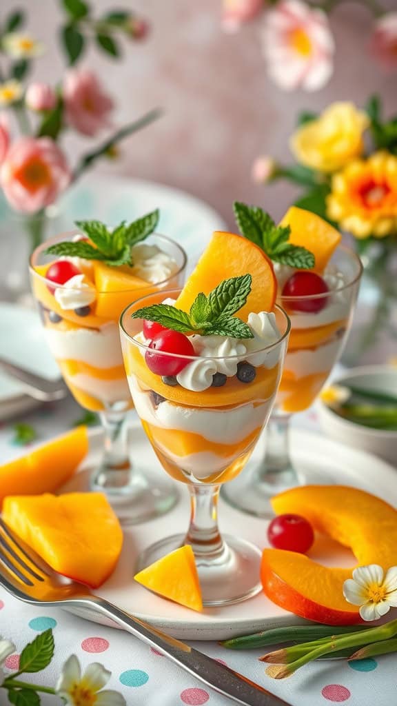 Colorful Tropical Easter Parfaits with layers of coconut cream, pineapple, and mango slices.