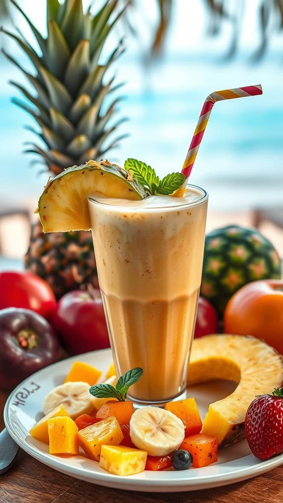 A refreshing tropical smoothie made with pineapple, mango, banana, and coconut milk, garnished with pineapple and mint.
