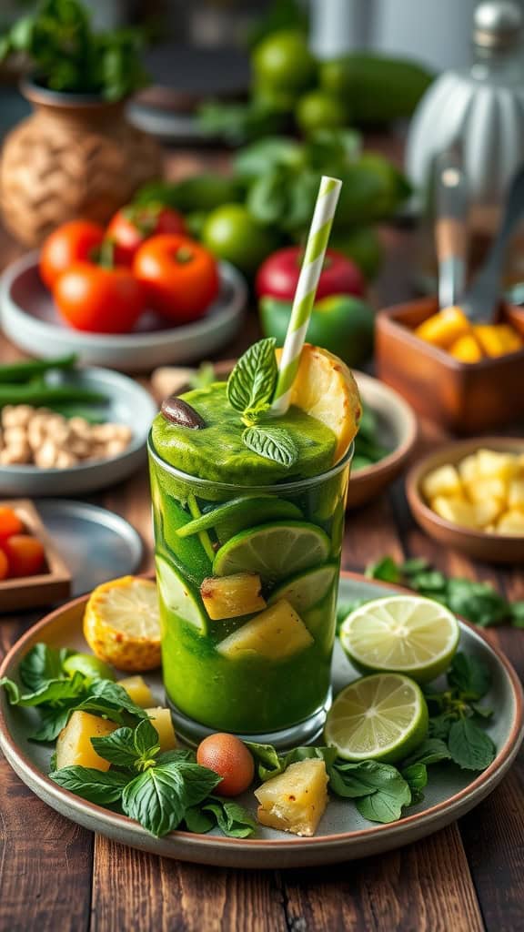 Glass of tropical green smoothie with spinach, cucumber, pineapple, lime, and mint.