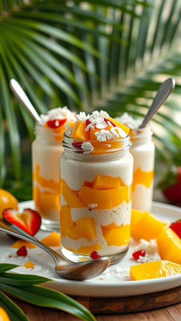 Mason jars filled with mango and coconut parfait smoothie layered with granola and topped with shredded coconut.