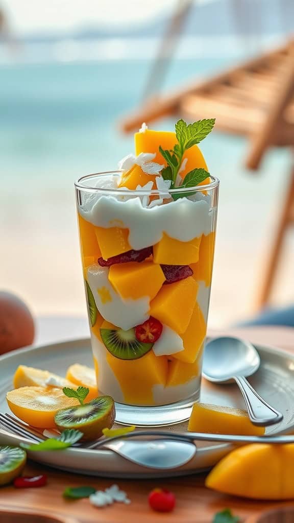 Tropical Mango and Coconut Parfait layered with kiwi slices, garnished with mint leaves.