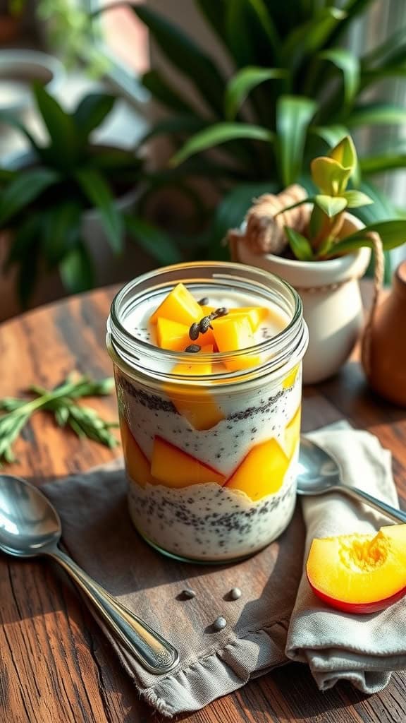 A jar of tropical mango overnight oats with chia seeds and coconut milk.