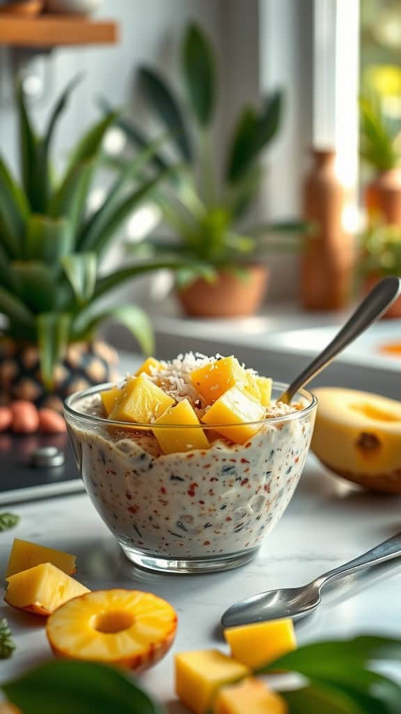 Bowl of tropical overnight oats with pineapple chunks and coconut