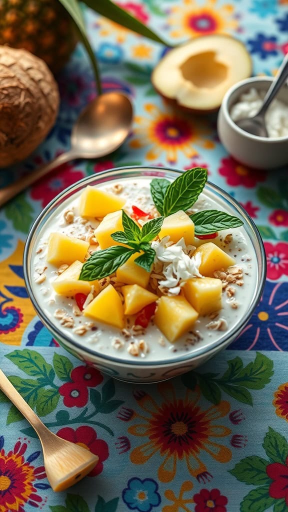 Tropical Overnight Oats Bowl with pineapple chunks and mint leaves