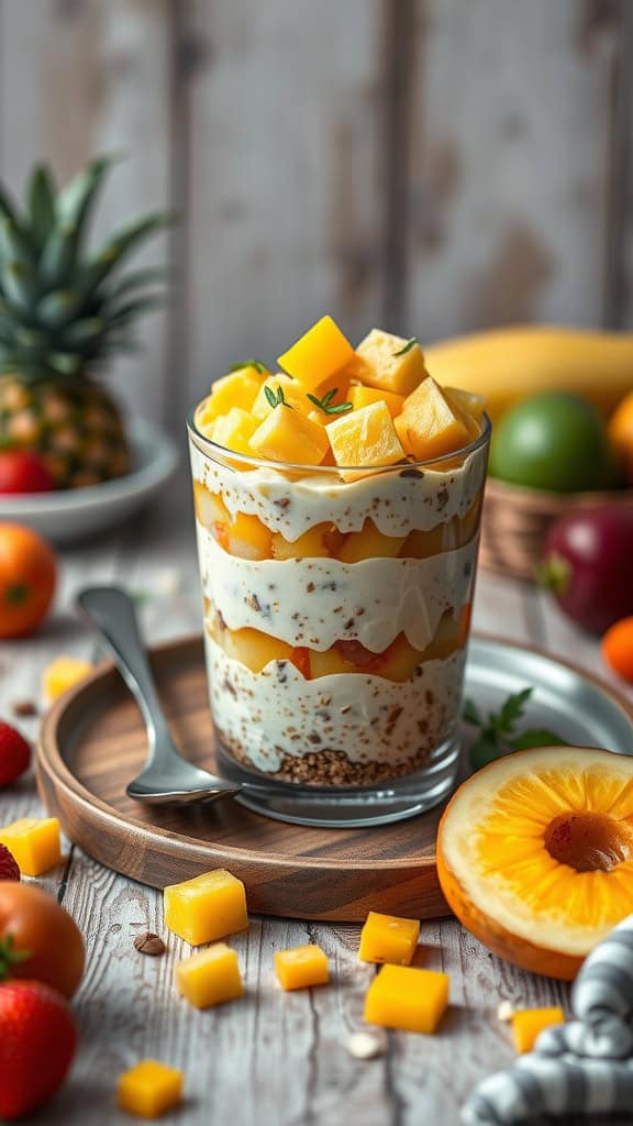 A glass of tropical overnight oats cheesecake layered with pineapple and mango.