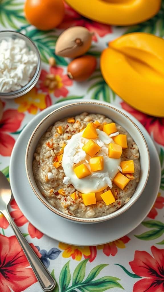 A bowl of tropical overnight oats topped with diced mango and coconut yogurt.