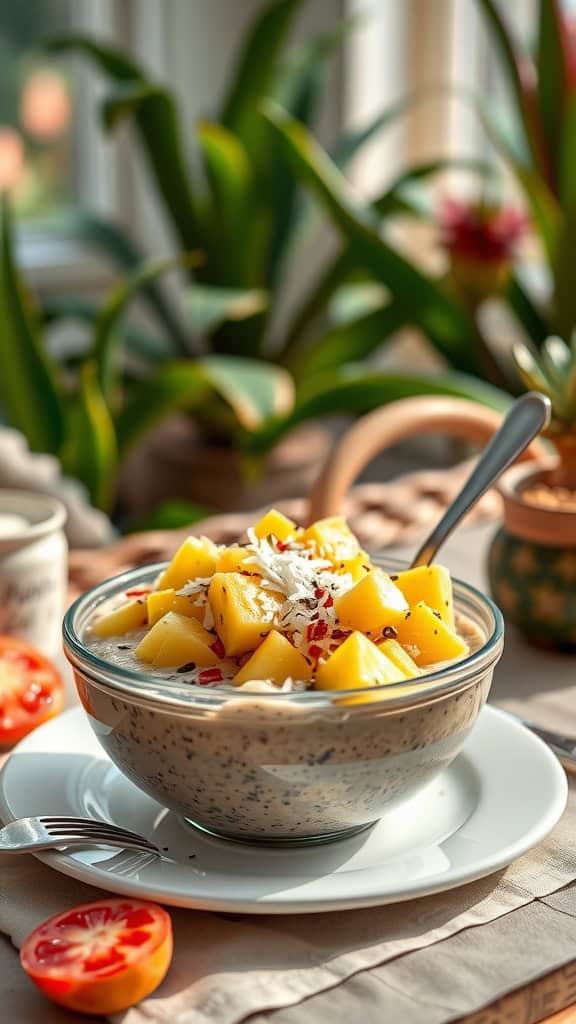 A bowl of tropical overnight oats featuring pineapple and coconut.