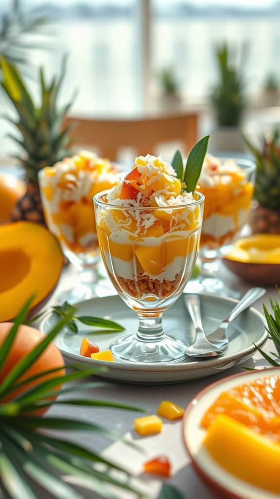 Tropical yogurt parfait with mango, pineapple, and coconut flakes