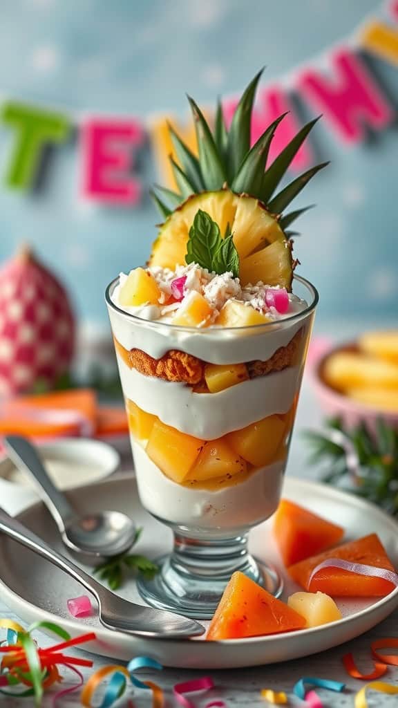 Tropical Twist Birthday Cake Parfait with coconut cake and pineapple chunks