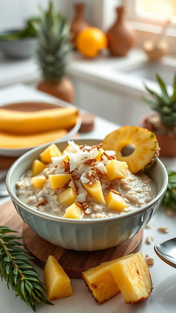 A bowl of tropical overnight oats with pineapple and coconut