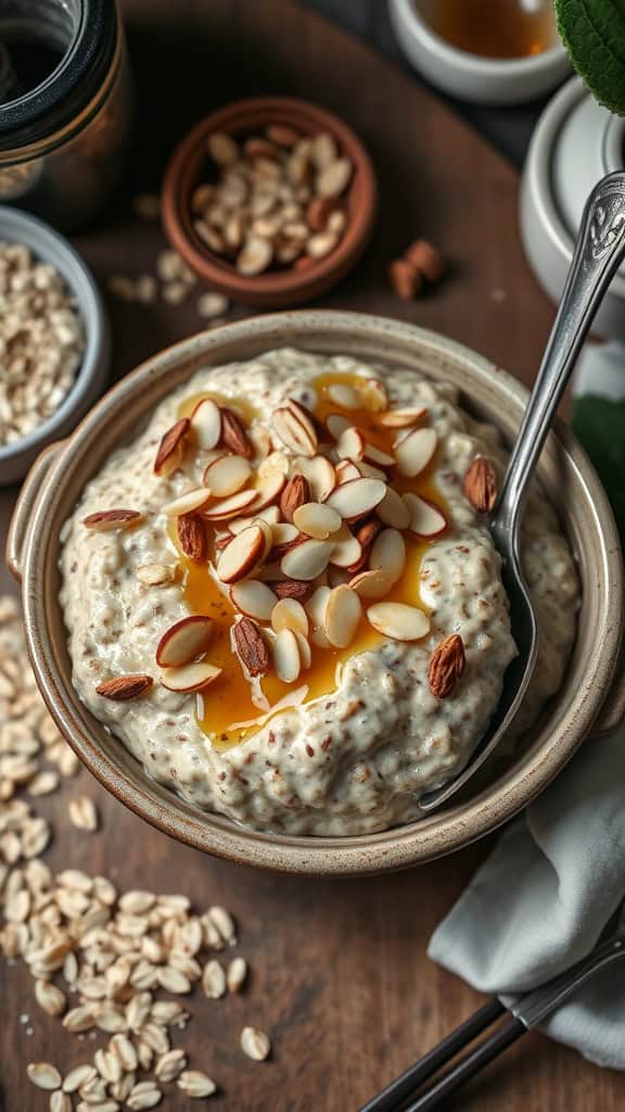 A bowl of Vanilla Almond Joy Overnight Oats topped with almond slivers and honey.