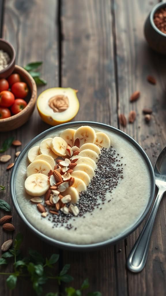 A delicious Vanilla Almond Smoothie Bowl topped with banana slices and almonds.
