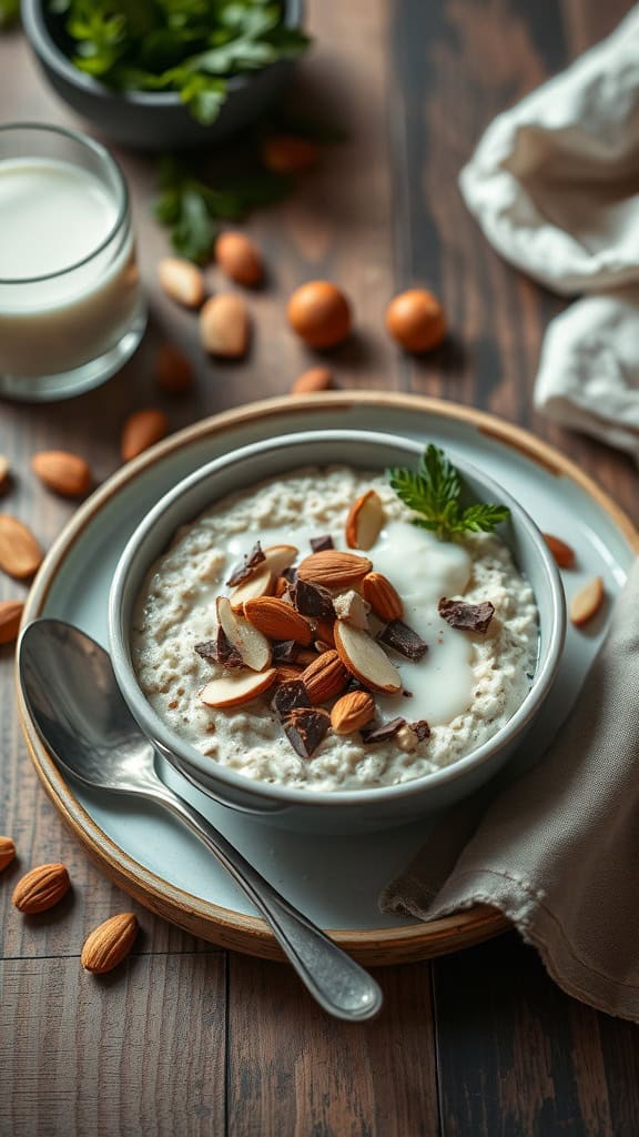 A bowl of Vanilla Bean Overnight Oats with almond slices and chocolate chips on top, served with a spoon.