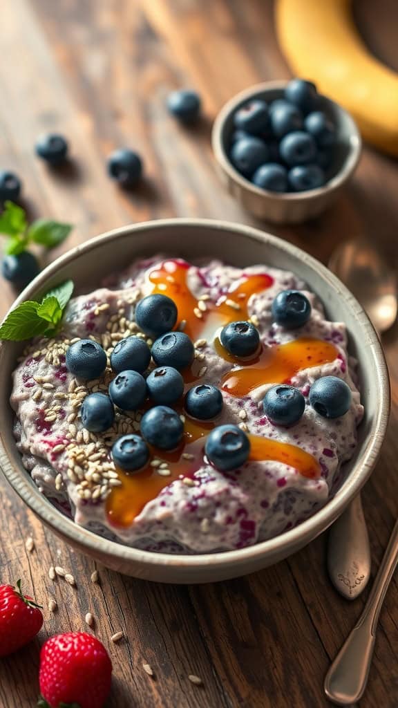 A bowl of vanilla blueberry overnight oats with chia seeds, topped with fresh blueberries and drizzled with honey.