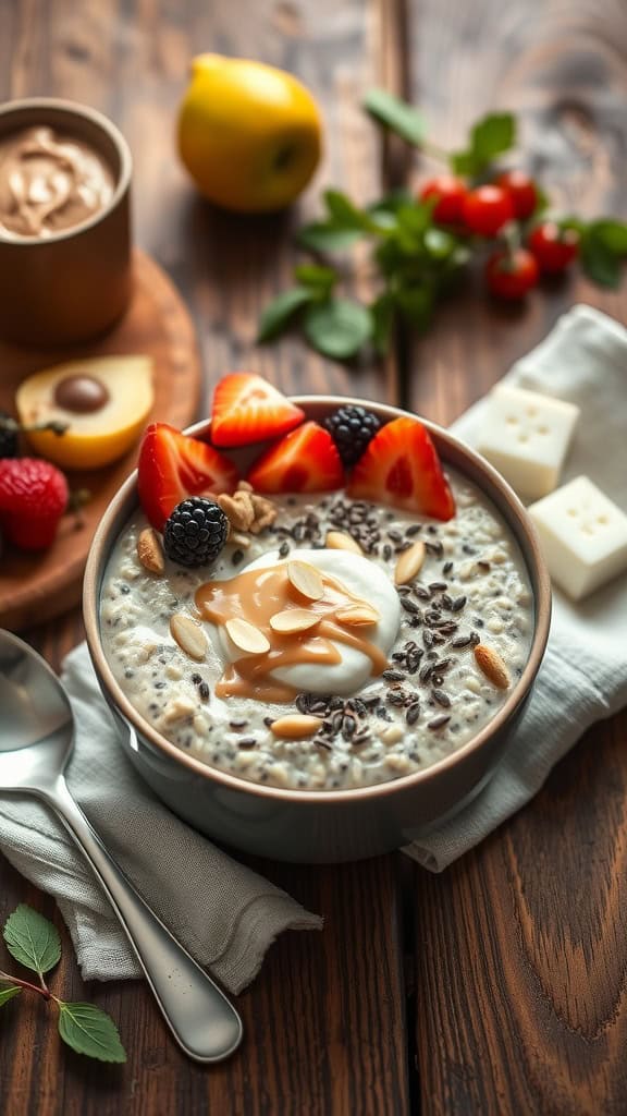 A bowl of delicious vanilla chia overnight oats topped with almond butter and fresh berries.