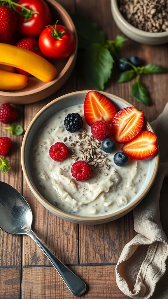 A bowl of vanilla chia overnight oats made with almond milk, topped with fresh berries and seeds.