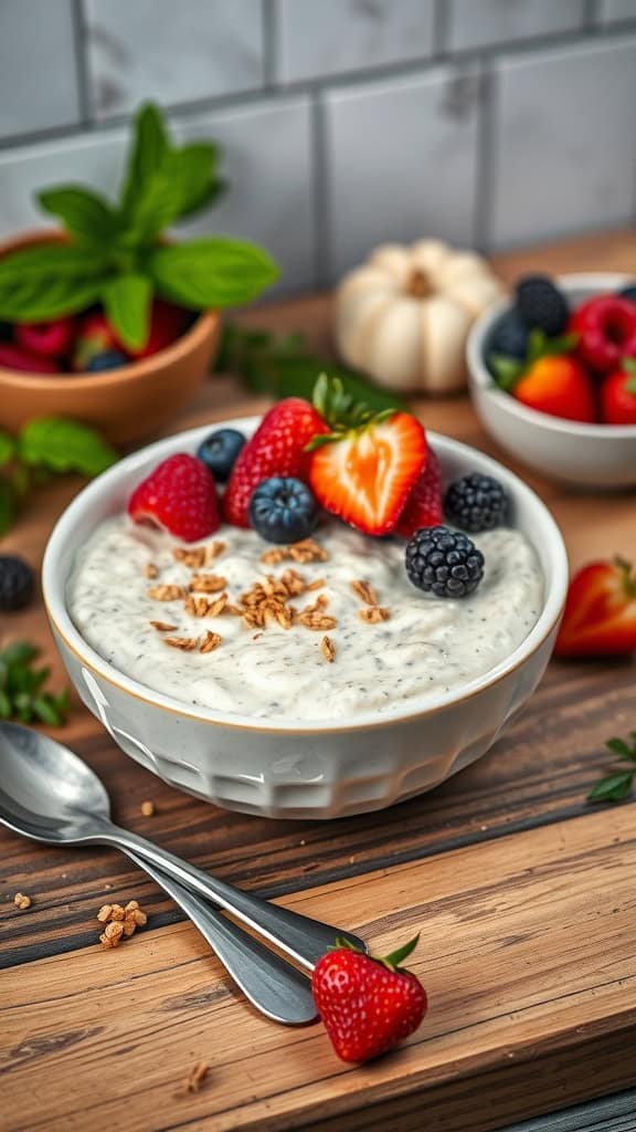 Bowl of vanilla overnight oats topped with berries and granola