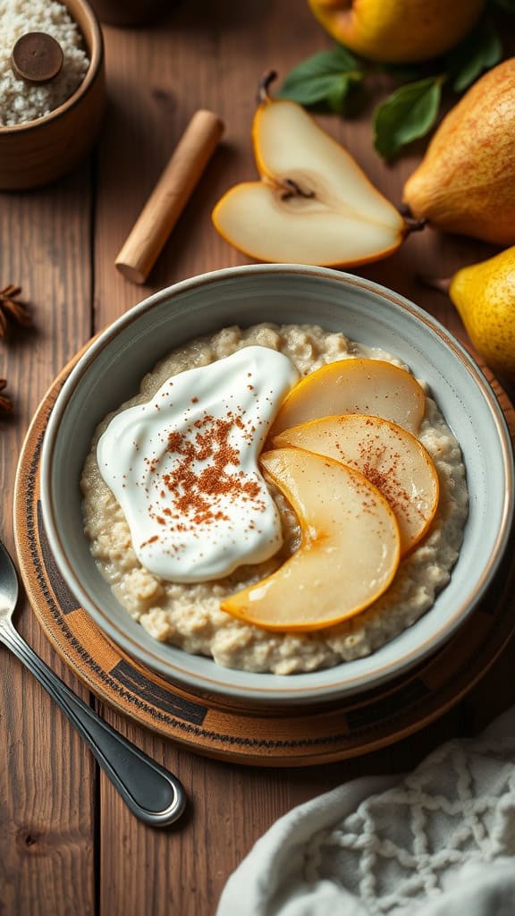 A bowl of vanilla pear overnight oats topped with yogurt and sliced poached pears.