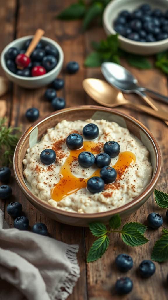 A bowl of vanilla spice overnight oats topped with blueberries and a drizzle of honey.