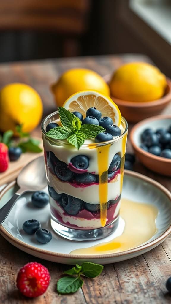 Vegan Lemon Blueberry Parfait in a glass topped with lemon and blueberries